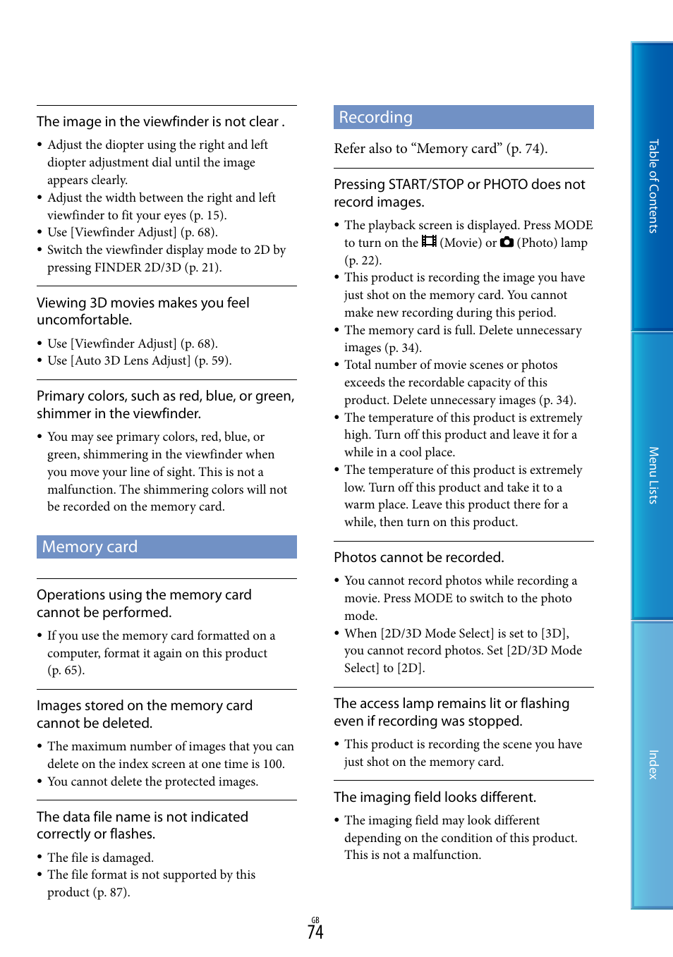 Memory card, Recording | Sony DEV-5 User Manual | Page 74 / 98