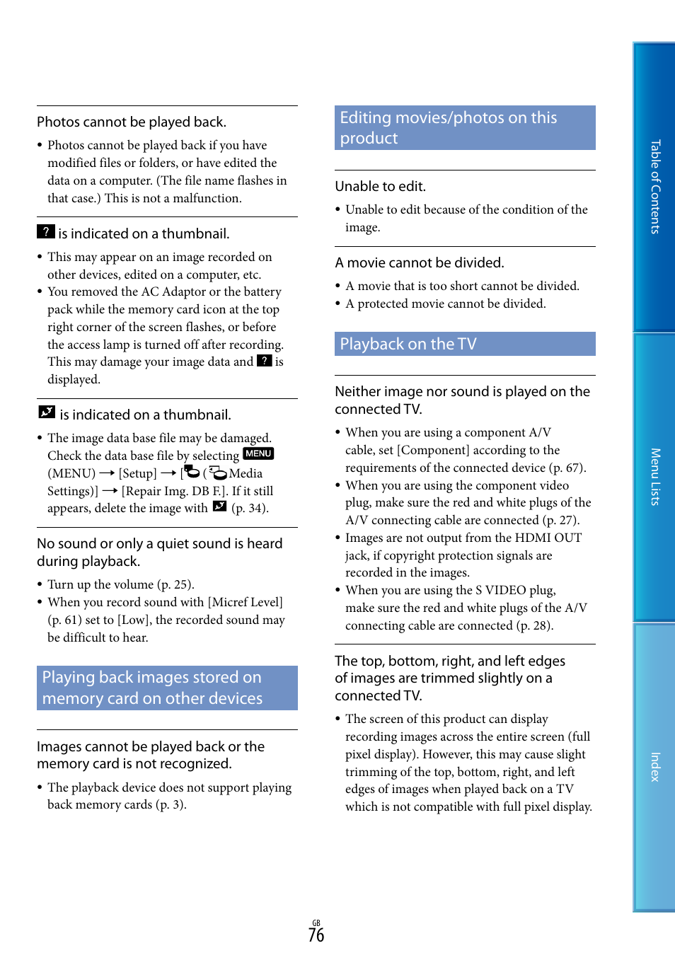E 76, 79, Playing back images stored on memory card on, Other devices | Editing movies/photos on this product, Playback on the tv | Sony DEV-5 User Manual | Page 76 / 98