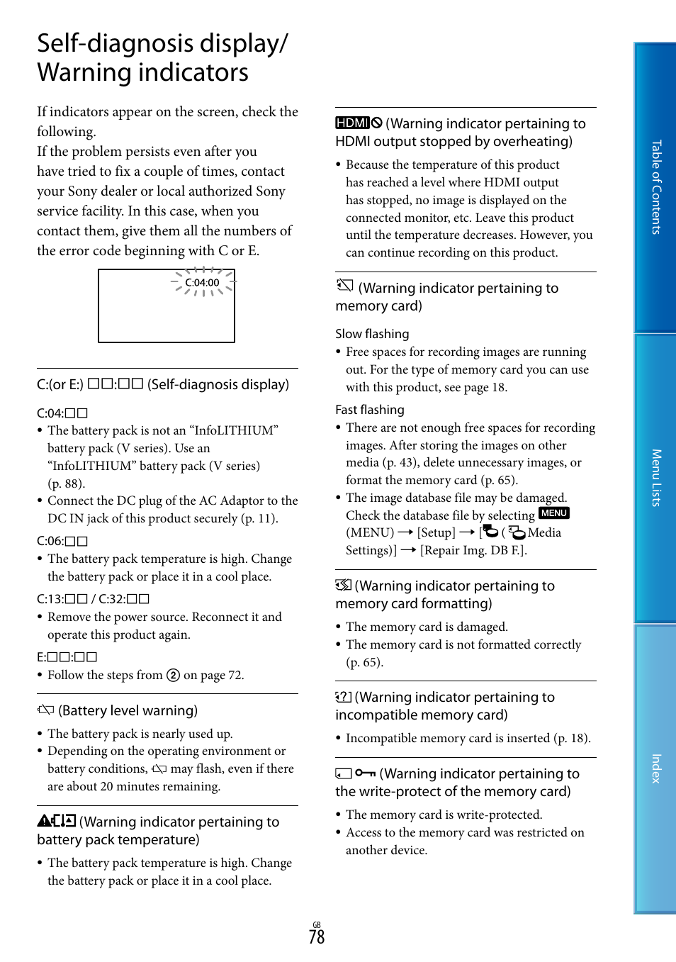 Self-diagnosis display/warning indicators, Self-diagnosis display/ warning indicators | Sony DEV-5 User Manual | Page 78 / 98