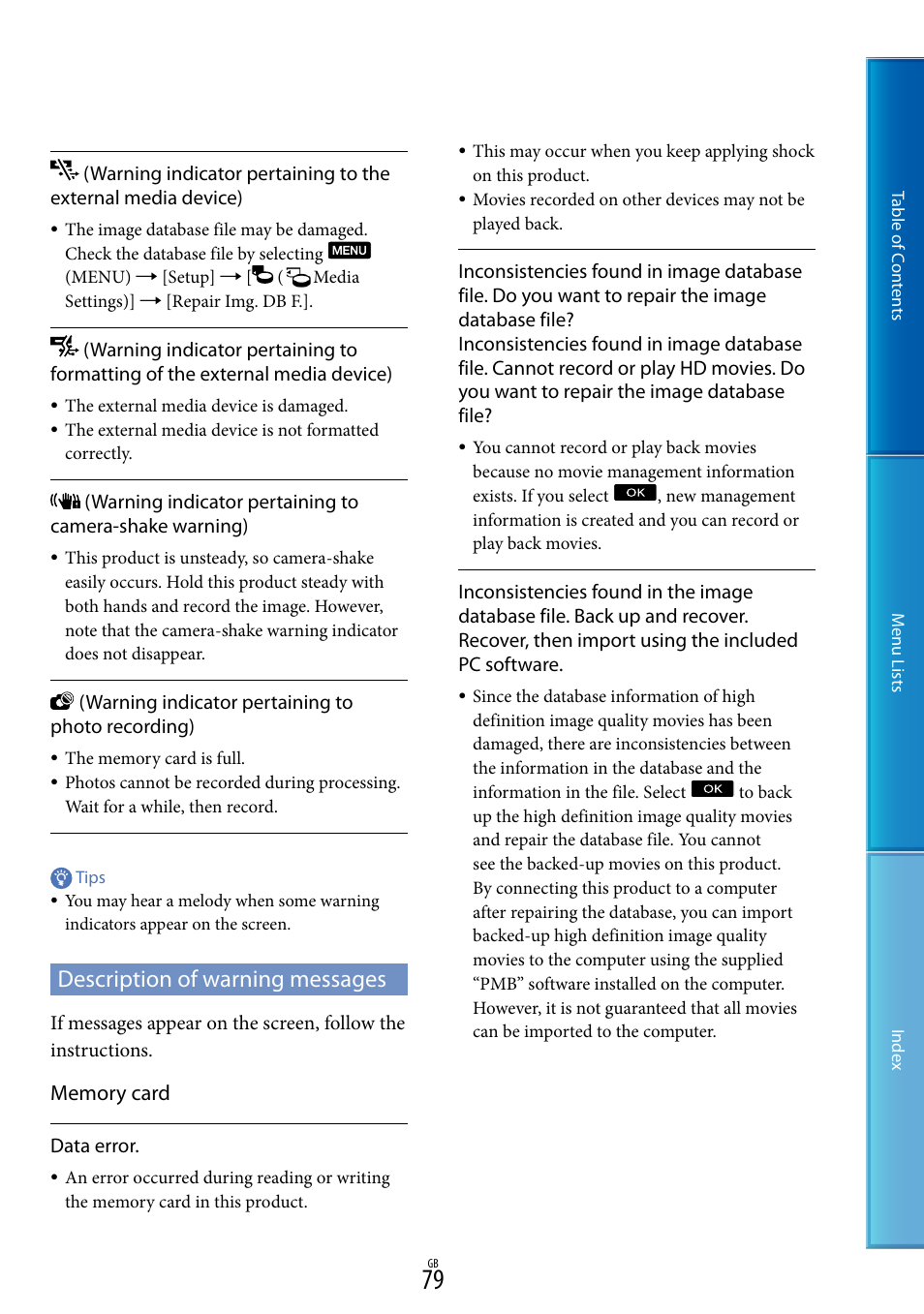 Description of warning messages | Sony DEV-5 User Manual | Page 79 / 98