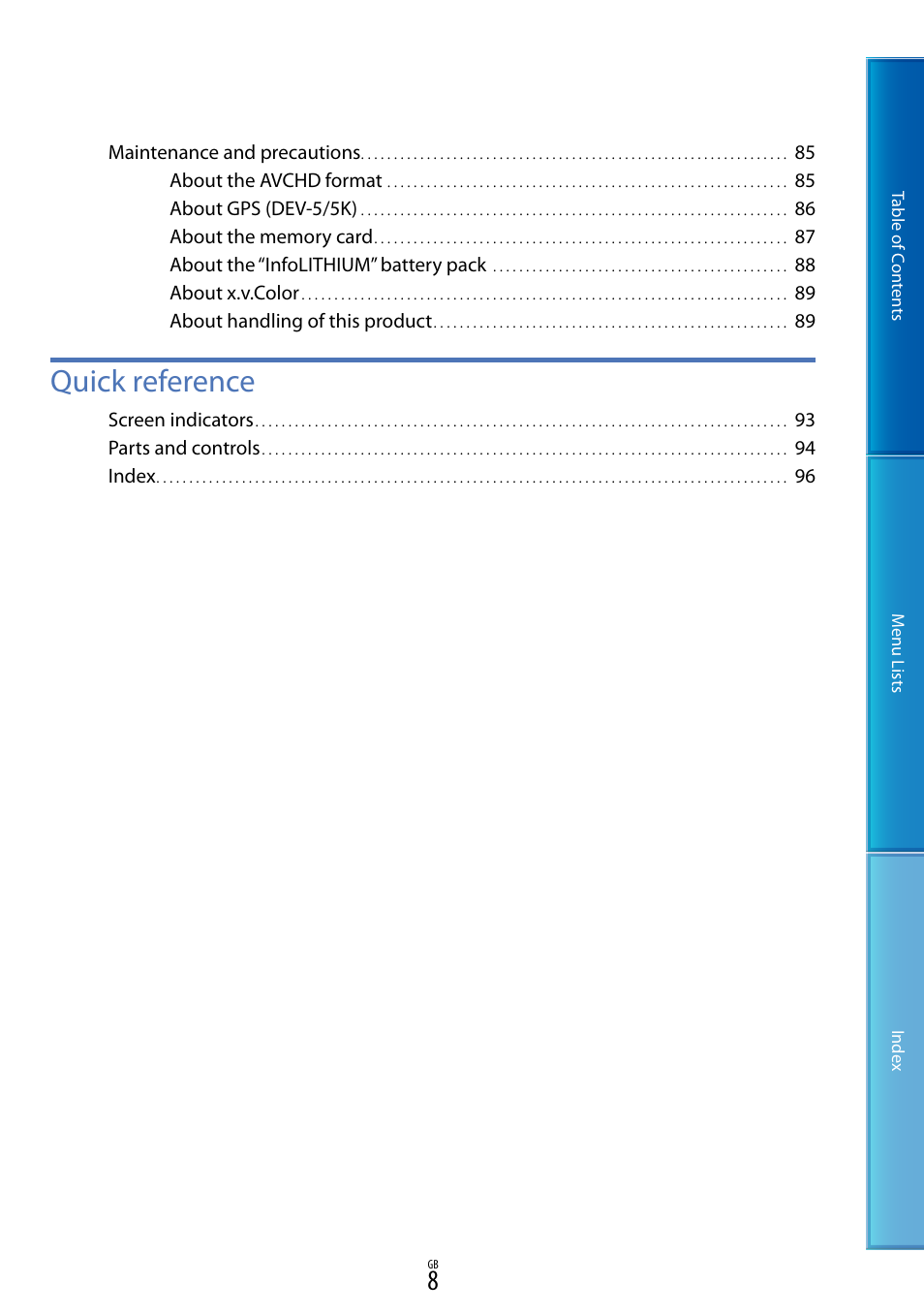 Quick reference | Sony DEV-5 User Manual | Page 8 / 98