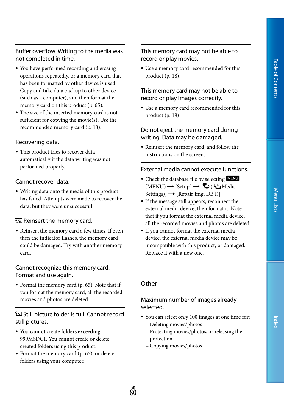 O 80), and, Other | Sony DEV-5 User Manual | Page 80 / 98