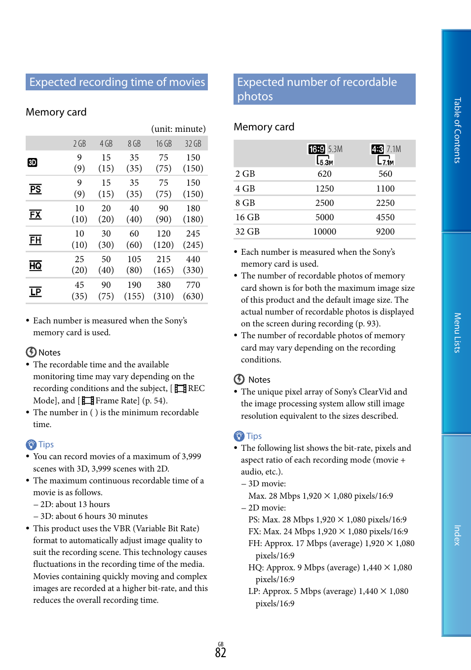 Expected recording time of movies, Expected number of recordable photos, E 82 f | Sony DEV-5 User Manual | Page 82 / 98