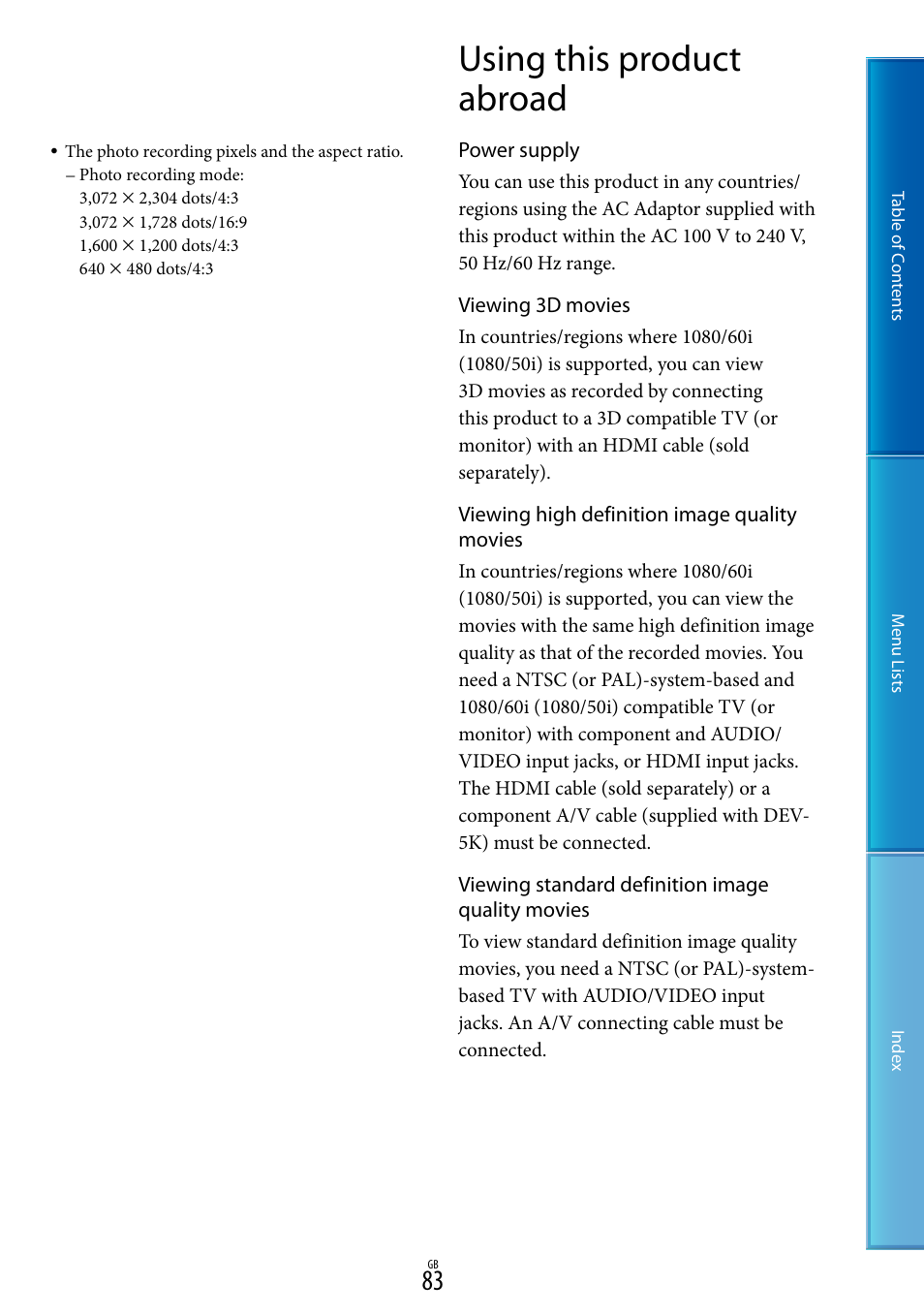 Using this product abroad | Sony DEV-5 User Manual | Page 83 / 98