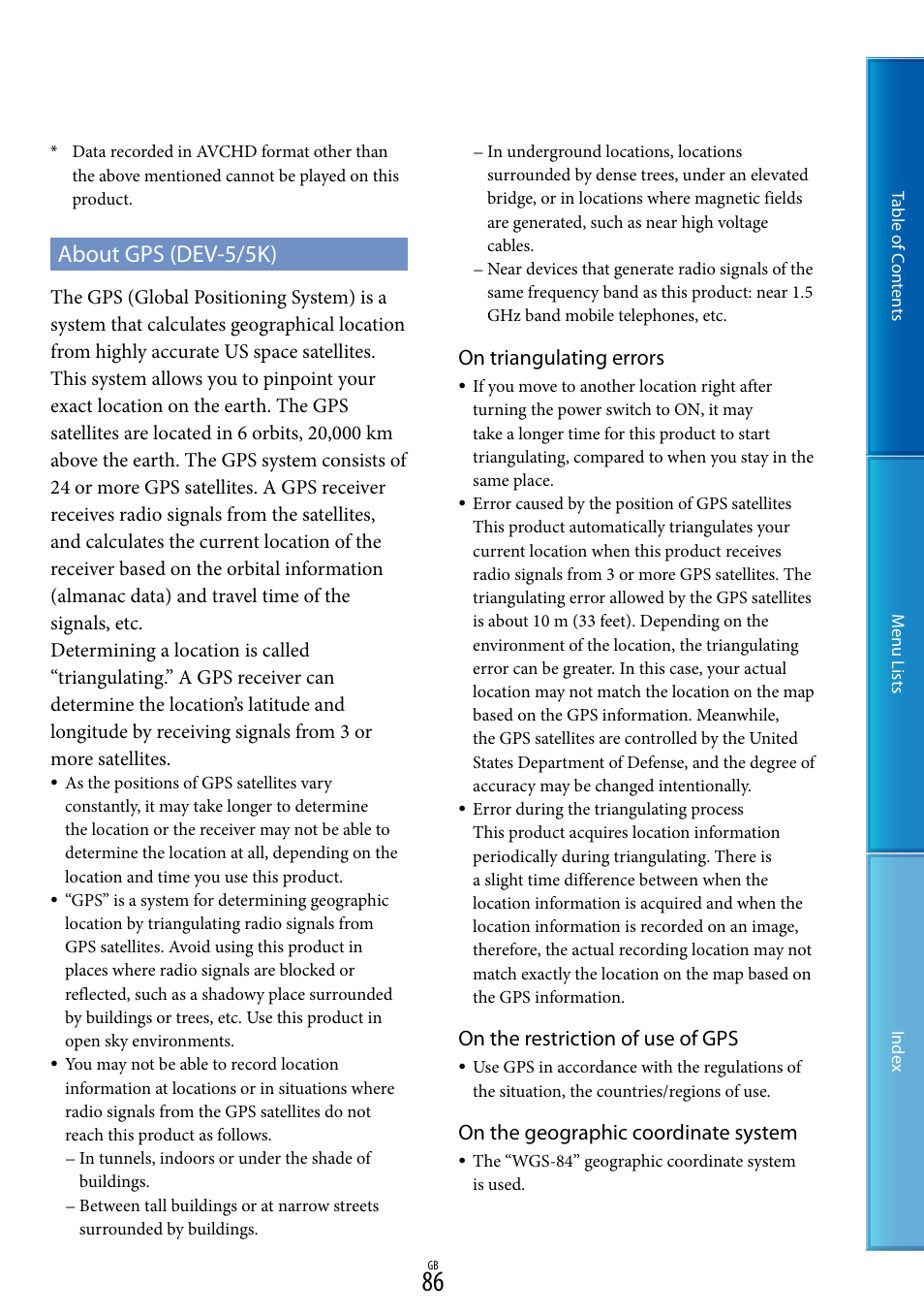 About gps (dev-5/5k), On triangulating errors, On the restriction of use of gps | On the geographic coordinate system | Sony DEV-5 User Manual | Page 86 / 98