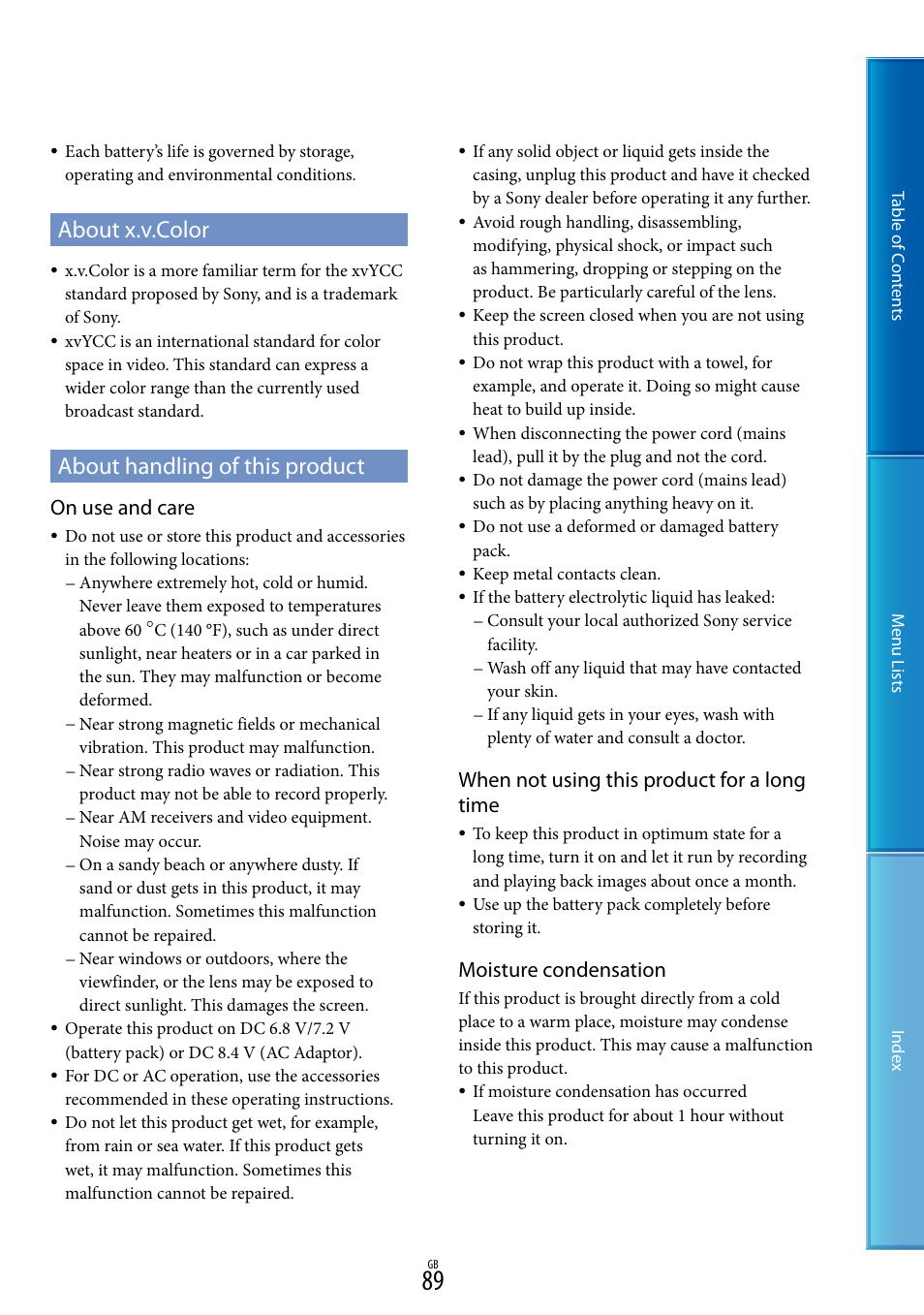 About x.v.color, About handling of this product, About x.v.color about handling of this product | On use and care, When not using this product for a long time, Moisture condensation | Sony DEV-5 User Manual | Page 89 / 98