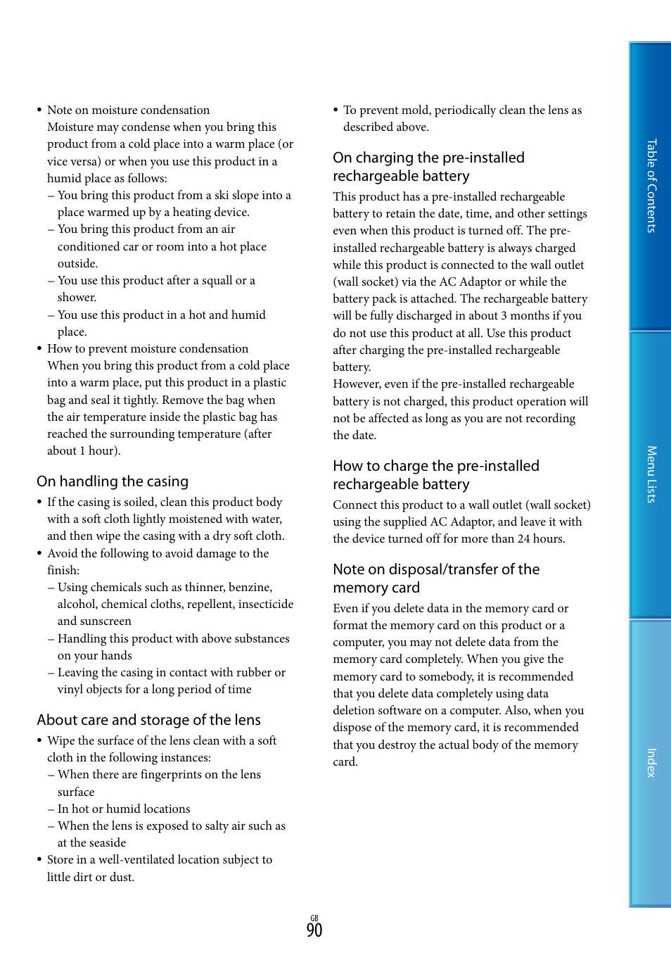 On handling the casing, About care and storage of the lens, On charging the pre-installed rechargeable battery | Sony DEV-5 User Manual | Page 90 / 98