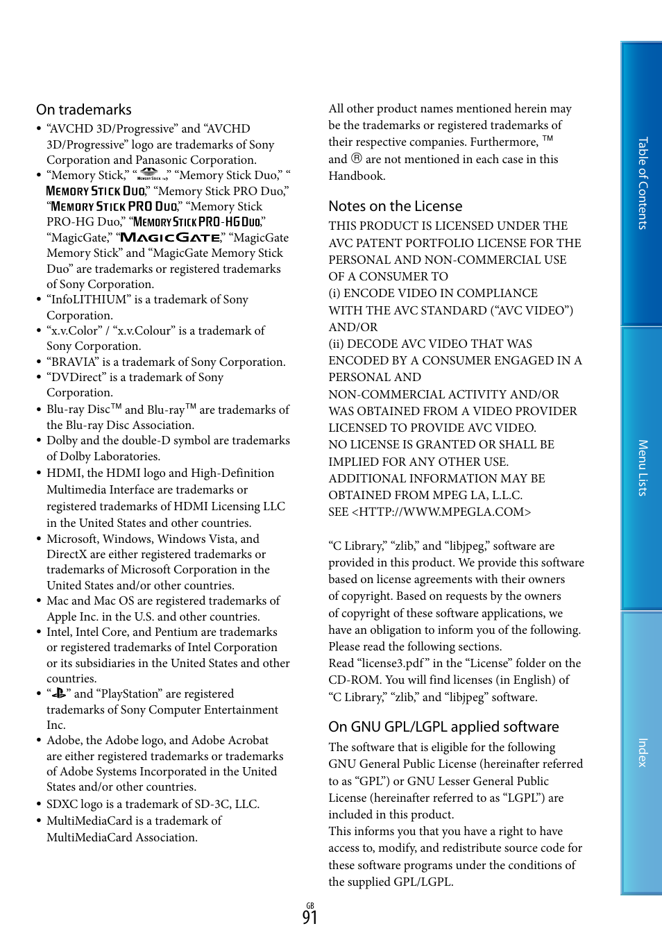 On trademarks, On gnu gpl/lgpl applied software | Sony DEV-5 User Manual | Page 91 / 98