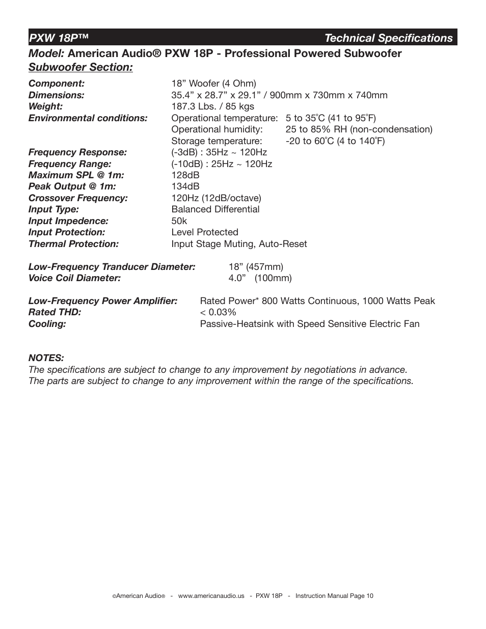 American Audio PXW 18P User Manual | Page 10 / 11