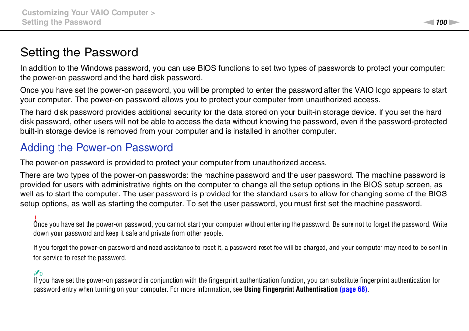 Setting the password, Adding the power-on password | Sony VGNSR590F User Manual | Page 100 / 187