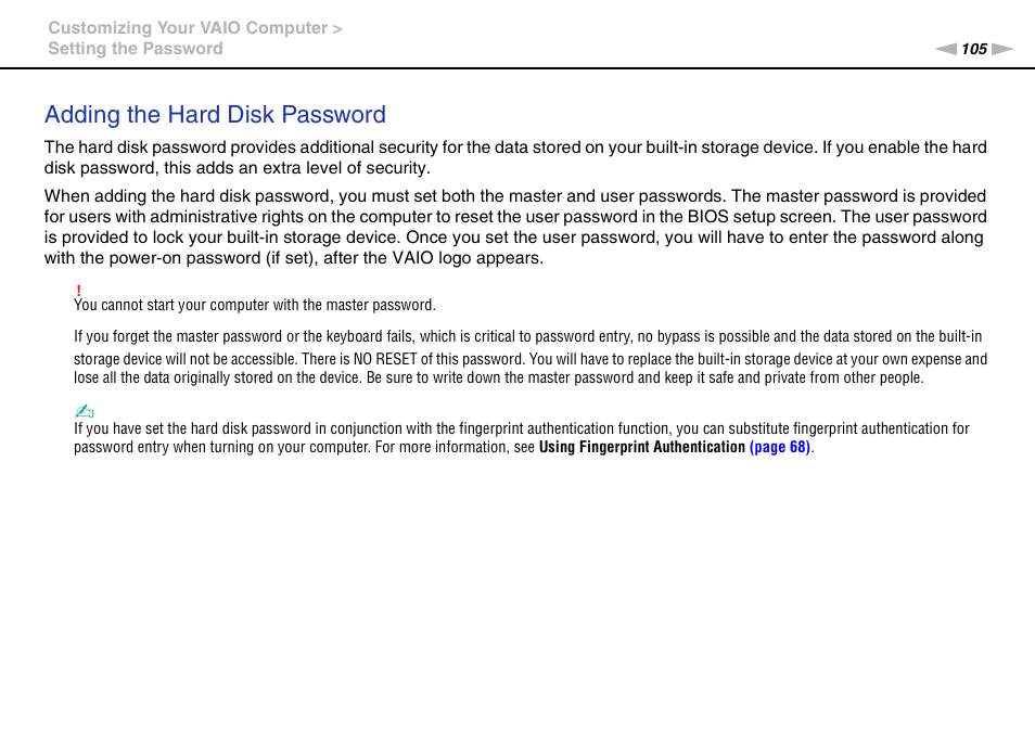 Adding the hard disk password | Sony VGNSR590F User Manual | Page 105 / 187