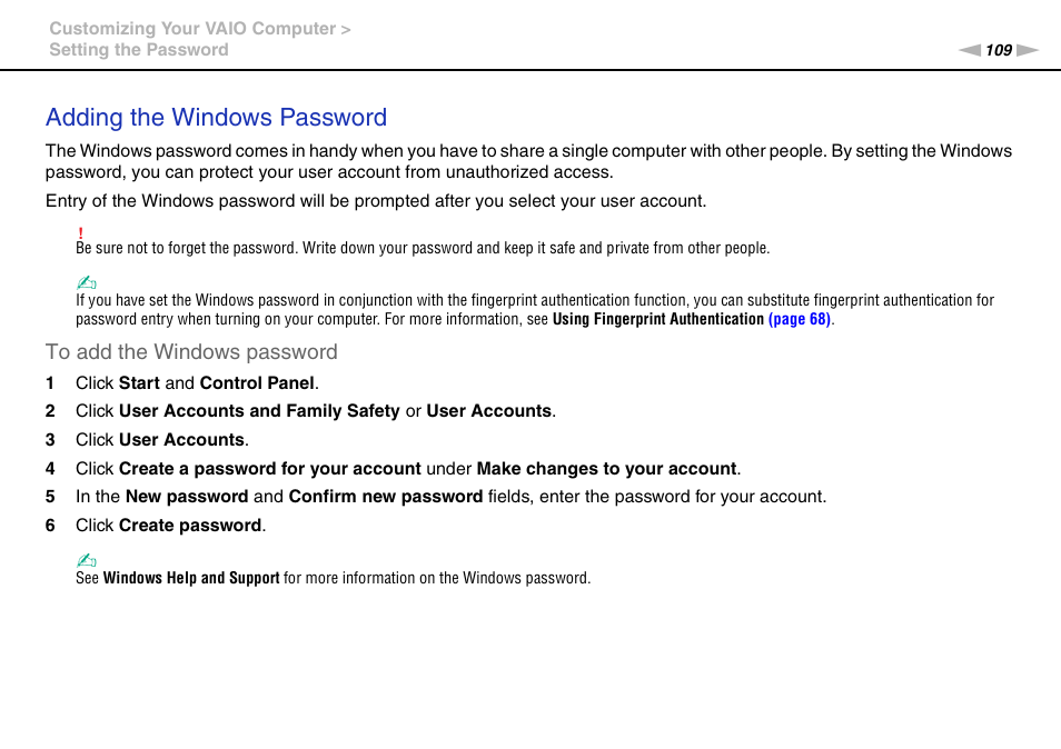 Adding the windows password | Sony VGNSR590F User Manual | Page 109 / 187