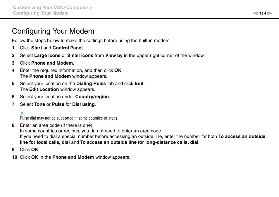 Configuring your modem | Sony VGNSR590F User Manual | Page 114 / 187