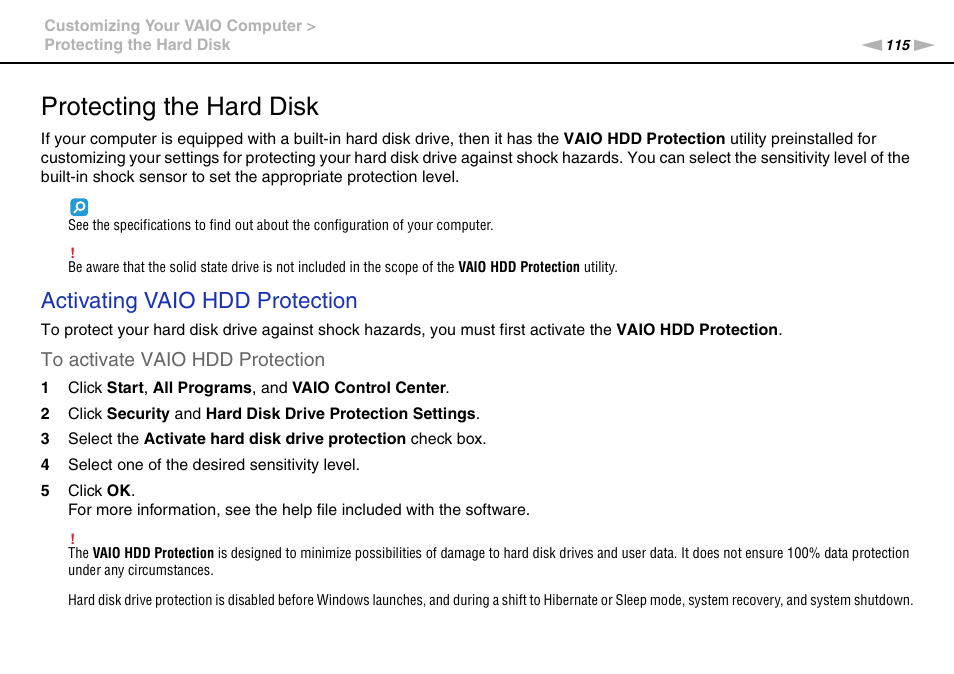 Protecting the hard disk, Activating vaio hdd protection | Sony VGNSR590F User Manual | Page 115 / 187