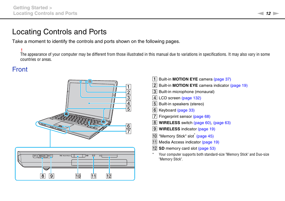 Locating controls and ports, Front | Sony VGNSR590F User Manual | Page 12 / 187
