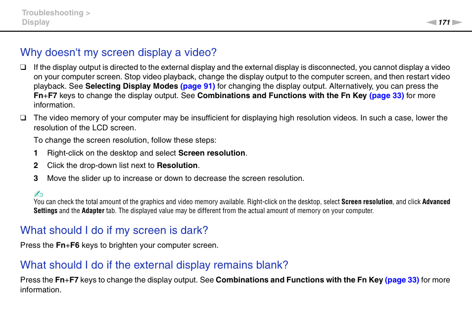 Why doesn't my screen display a video, What should i do if my screen is dark | Sony VGNSR590F User Manual | Page 171 / 187