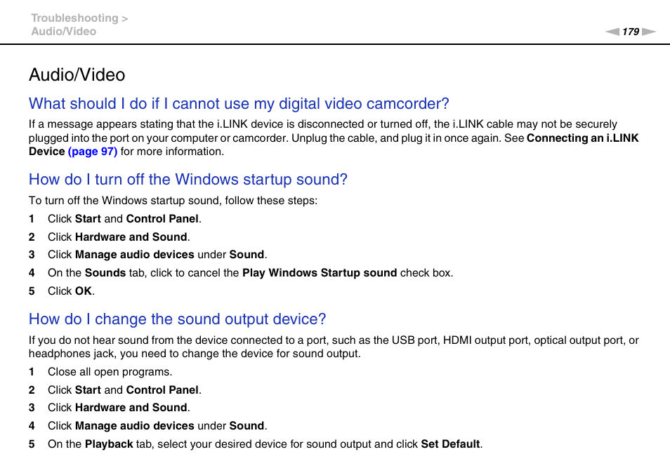 Audio/video, How do i turn off the windows startup sound, How do i change the sound output device | Sony VGNSR590F User Manual | Page 179 / 187