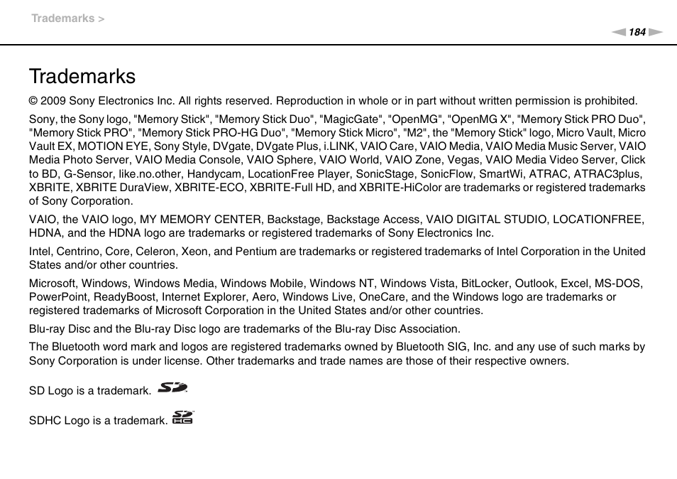 Trademarks | Sony VGNSR590F User Manual | Page 184 / 187