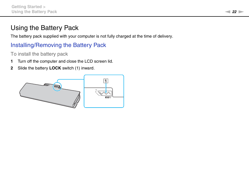 Using the battery pack, Installing/removing the battery pack | Sony VGNSR590F User Manual | Page 22 / 187