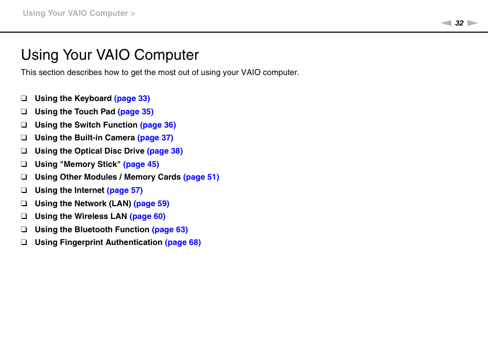 Using your vaio computer | Sony VGNSR590F User Manual | Page 32 / 187