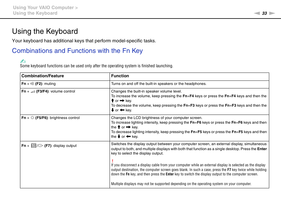 Using the keyboard, Combinations and functions with the fn key | Sony VGNSR590F User Manual | Page 33 / 187