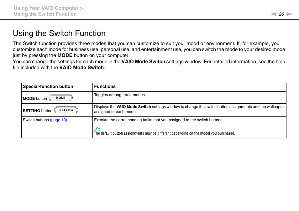 Using the switch function | Sony VGNSR590F User Manual | Page 36 / 187