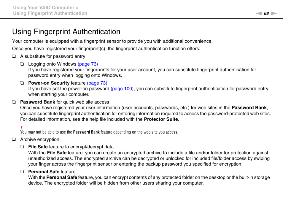 Using fingerprint authentication, Tion | Sony VGNSR590F User Manual | Page 68 / 187