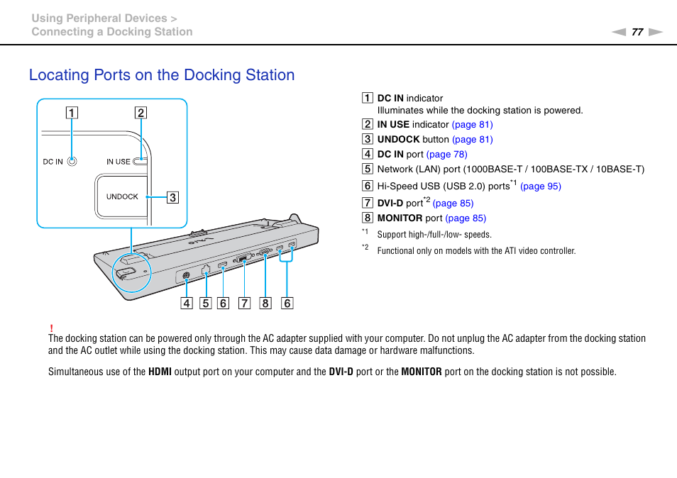 Locating ports on the docking station | Sony VGNSR590F User Manual | Page 77 / 187