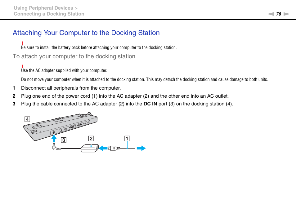 Attaching your computer to the docking station | Sony VGNSR590F User Manual | Page 78 / 187