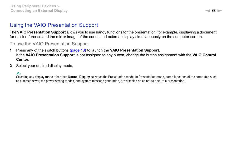 Using the vaio presentation support | Sony VGNSR590F User Manual | Page 88 / 187