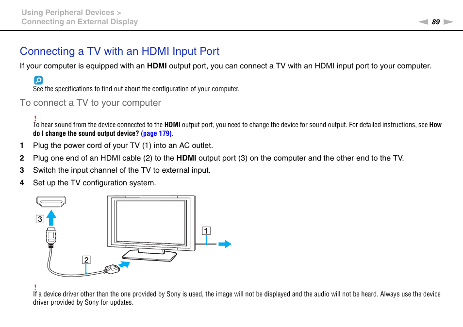 Connecting a tv with an hdmi input port | Sony VGNSR590F User Manual | Page 89 / 187