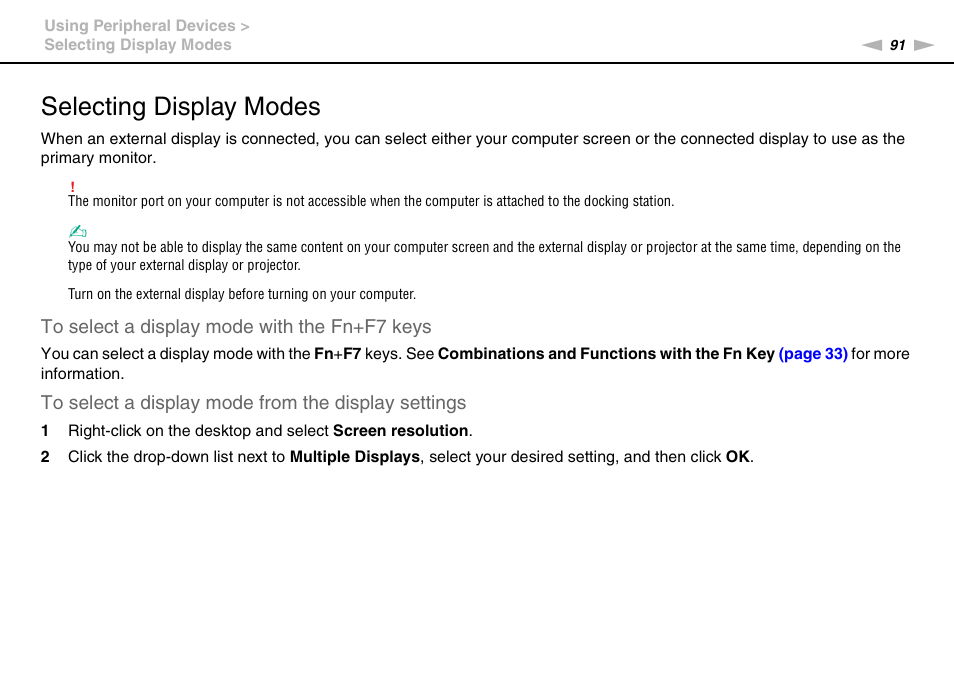 Selecting display modes | Sony VGNSR590F User Manual | Page 91 / 187