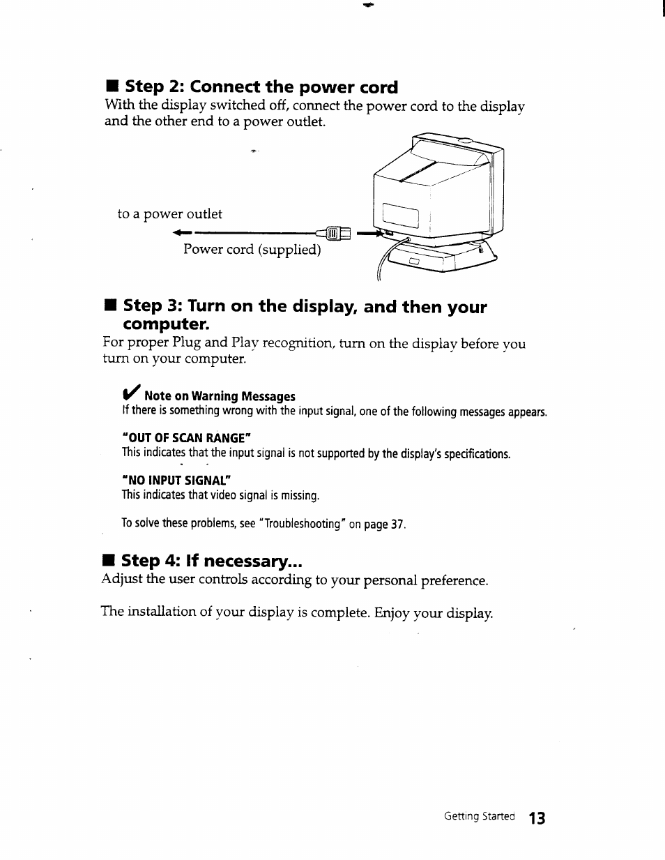 No input signal, Step 2: connect the power cord, Step 4: if necessary | Sony CPD-101VS User Manual | Page 12 / 39