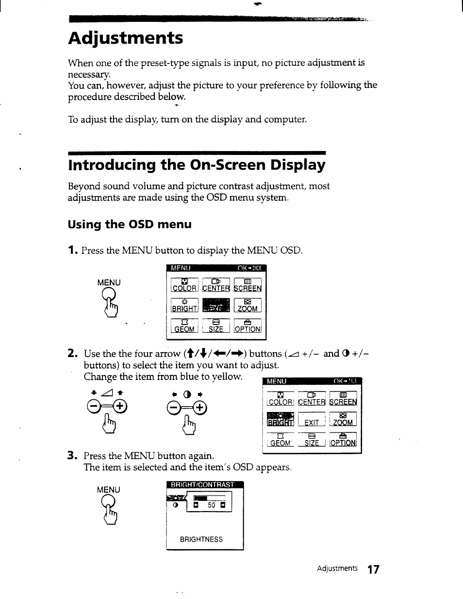 Adjustments, Introducing the on-screen display, Using the osd menu | Sony CPD-101VS User Manual | Page 16 / 39