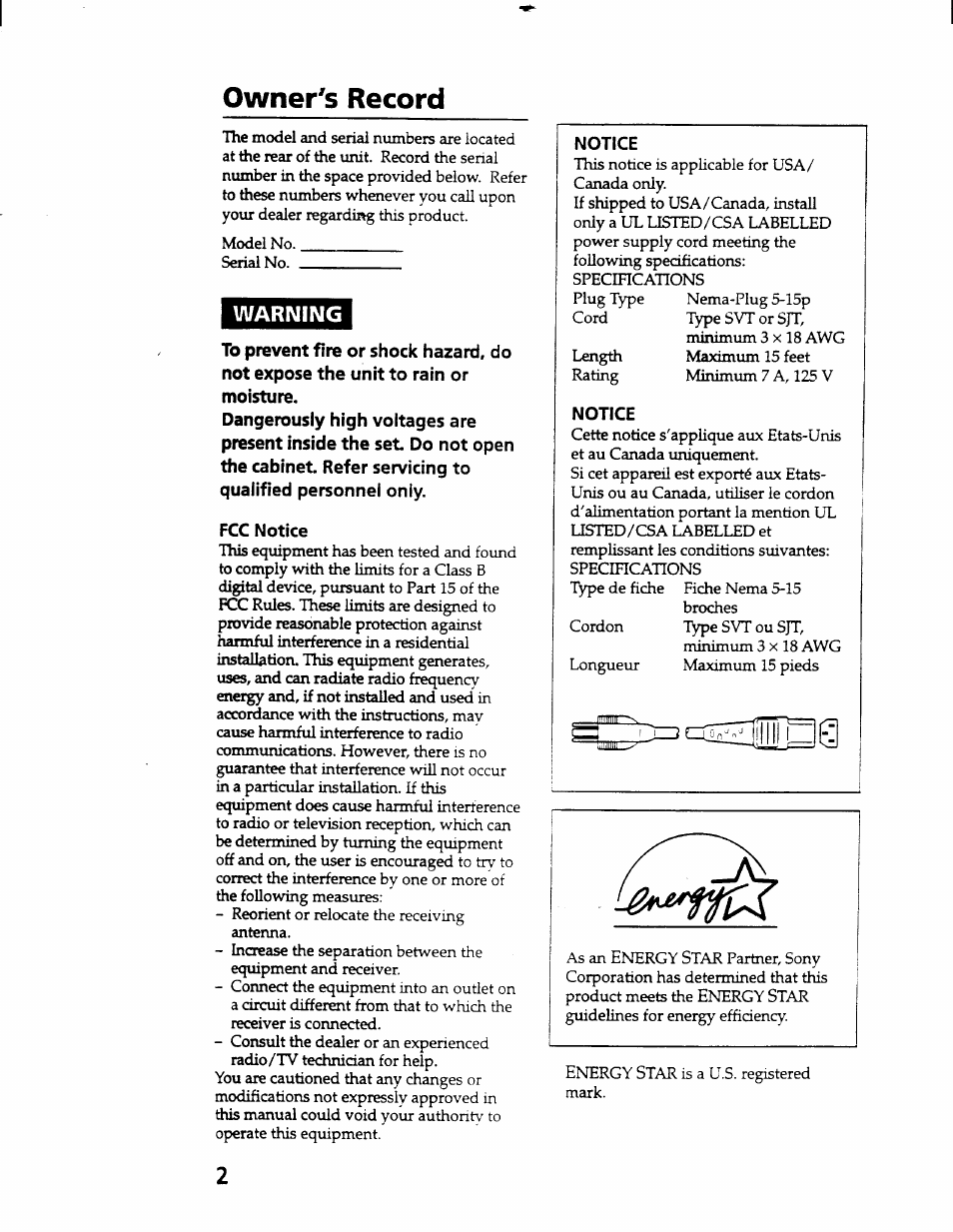 Owner's record, Warning | Sony CPD-101VS User Manual | Page 2 / 39