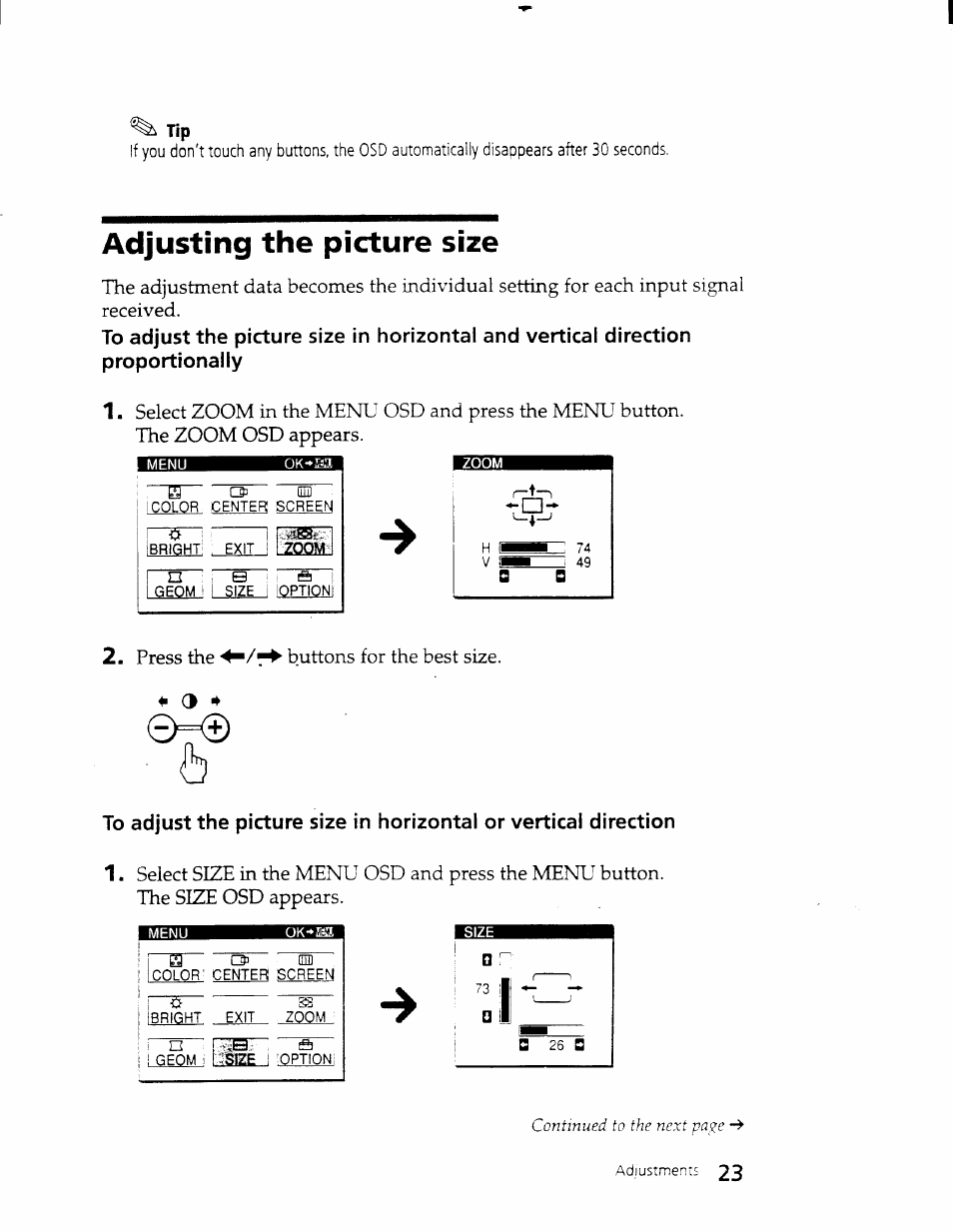 Adjusting the picture size | Sony CPD-101VS User Manual | Page 22 / 39