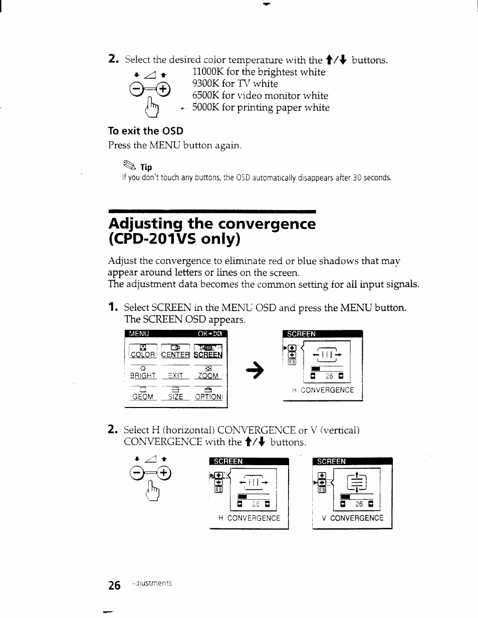 Adjusting the convergence (cpd-201vs only) | Sony CPD-101VS User Manual | Page 25 / 39
