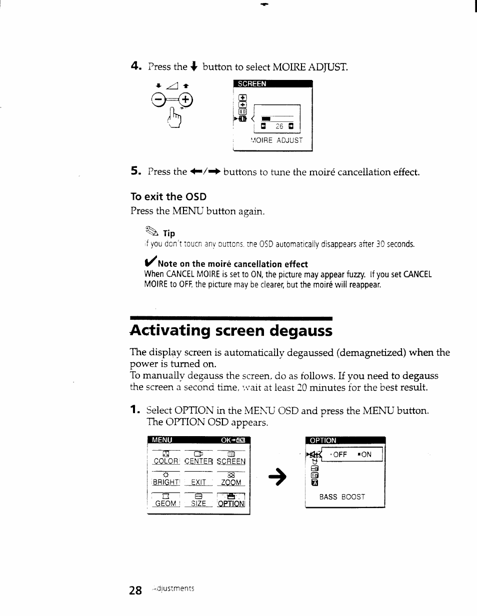 Note on the moiré cancellation effect, Activating screen degauss | Sony CPD-101VS User Manual | Page 27 / 39