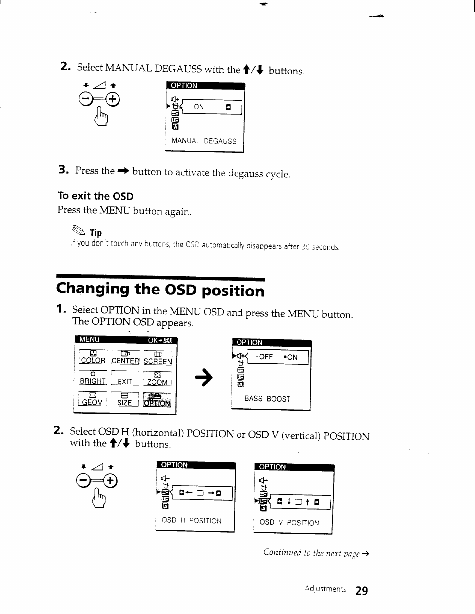 Changing the osd position, Tt4- on a, G -a | Sony CPD-101VS User Manual | Page 28 / 39