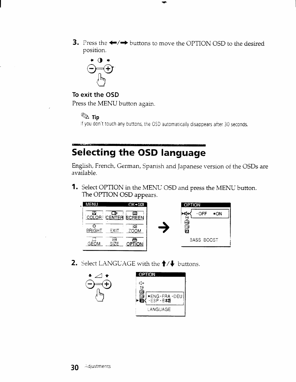 Selecting the osd language, 0a±) | Sony CPD-101VS User Manual | Page 29 / 39