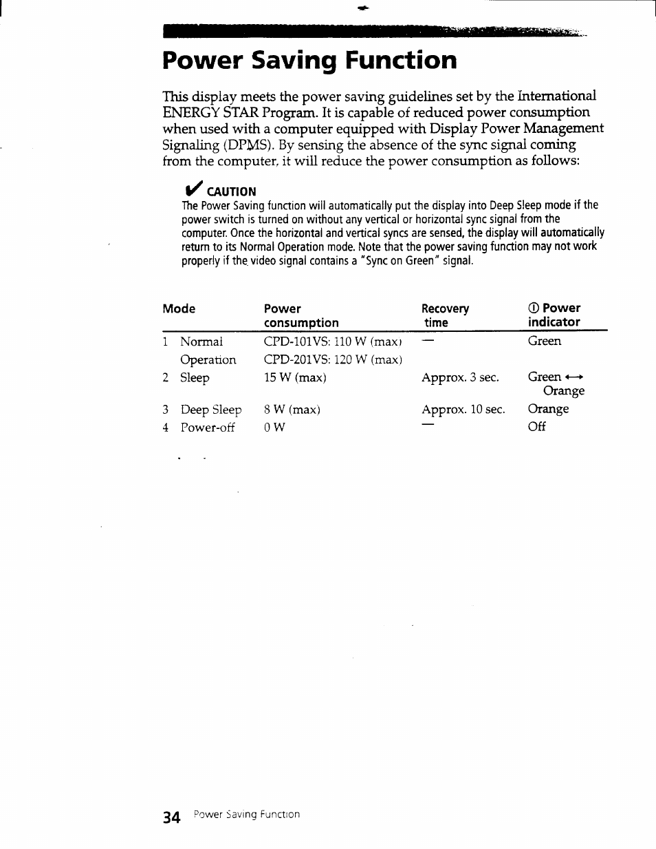 Power saving function, Caution | Sony CPD-101VS User Manual | Page 33 / 39
