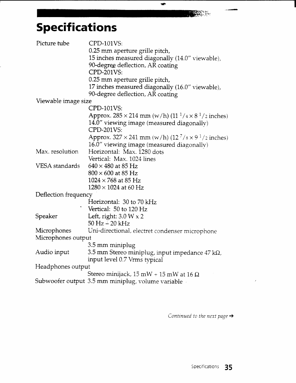 Specifications | Sony CPD-101VS User Manual | Page 34 / 39