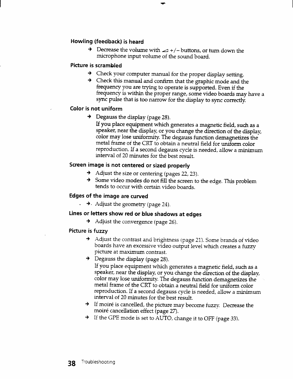 Howling (feedback) is heard, Picture is scrambled, Color is not uniform | Screen image is not centered or sized properly, Edges of the image are curved, Lines or letters show red or blue shadows at edges, Picture is fuzzy | Sony CPD-101VS User Manual | Page 37 / 39