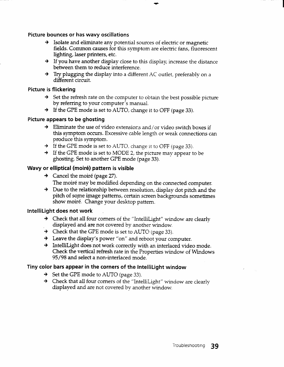 Picture bounces or has wavy oscillations, Picture is flickering, Picture appears to be ghosting | Wavy or elliptical (moiré) pattern is visible, Intellilight does not work | Sony CPD-101VS User Manual | Page 38 / 39