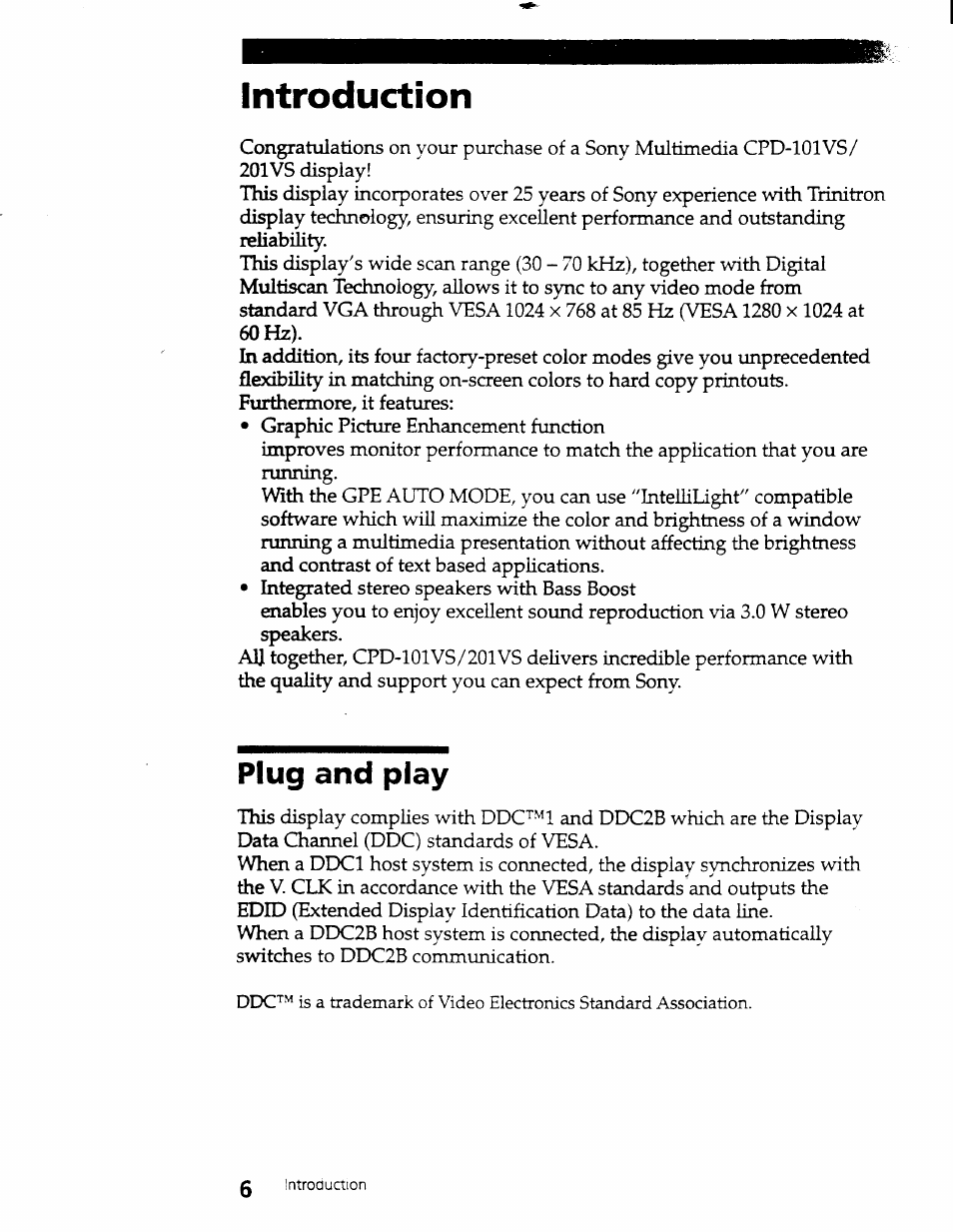 Introduction, Plug and play | Sony CPD-101VS User Manual | Page 5 / 39