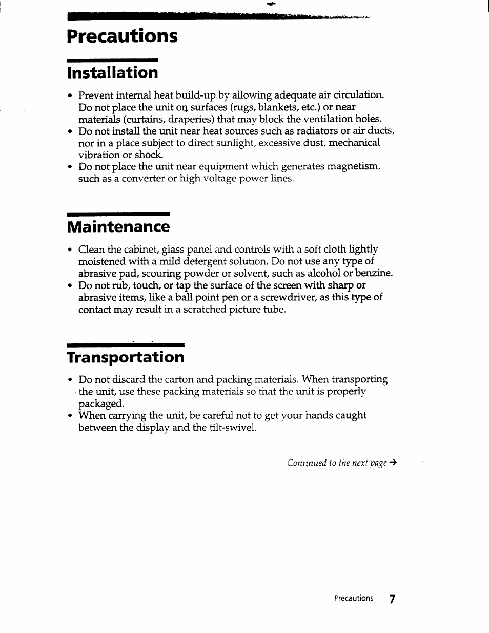 Precautions, Installation, Maintenance | Transportation, Precautions............................r | Sony CPD-101VS User Manual | Page 6 / 39