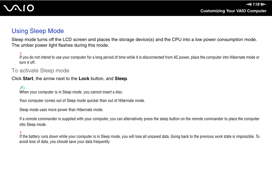 Using sleep mode | Sony VGN-AR870NA User Manual | Page 118 / 210