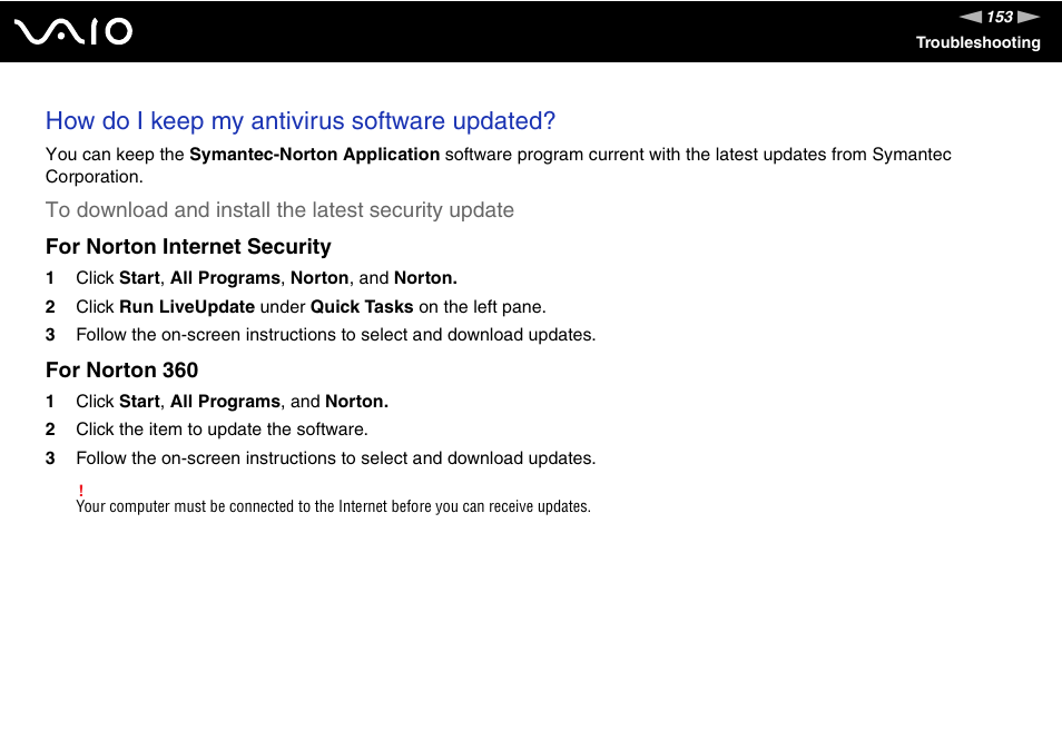 How do i keep my antivirus software updated, For norton 360 | Sony VGN-AR870NA User Manual | Page 153 / 210