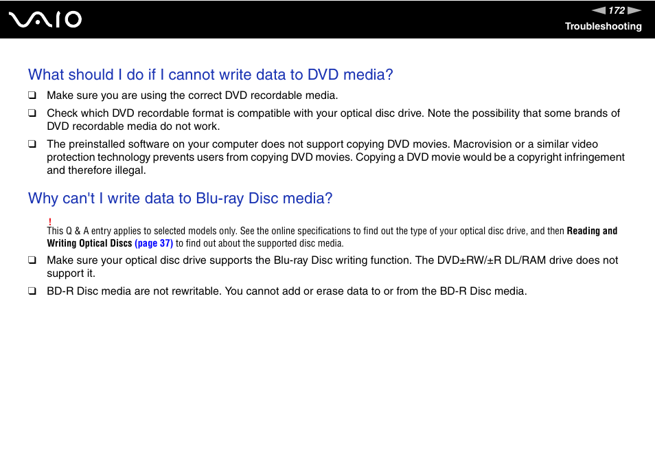 Why can't i write data to blu-ray disc media | Sony VGN-AR870NA User Manual | Page 172 / 210