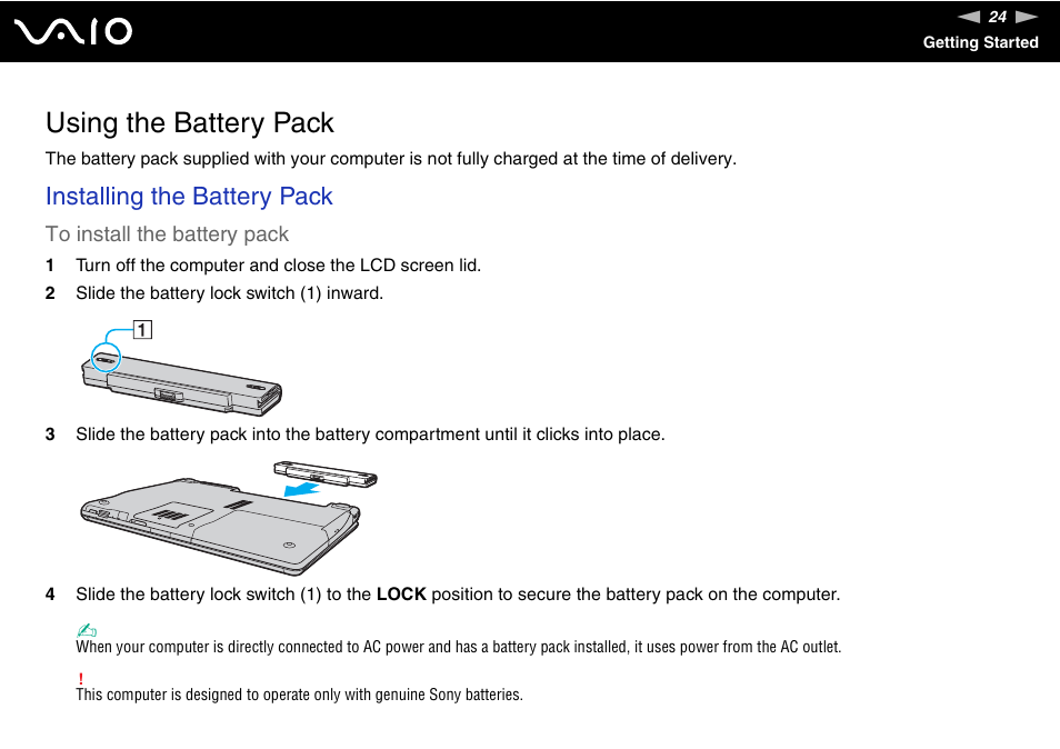 Using the battery pack, Installing the battery pack | Sony VGN-AR870NA User Manual | Page 24 / 210